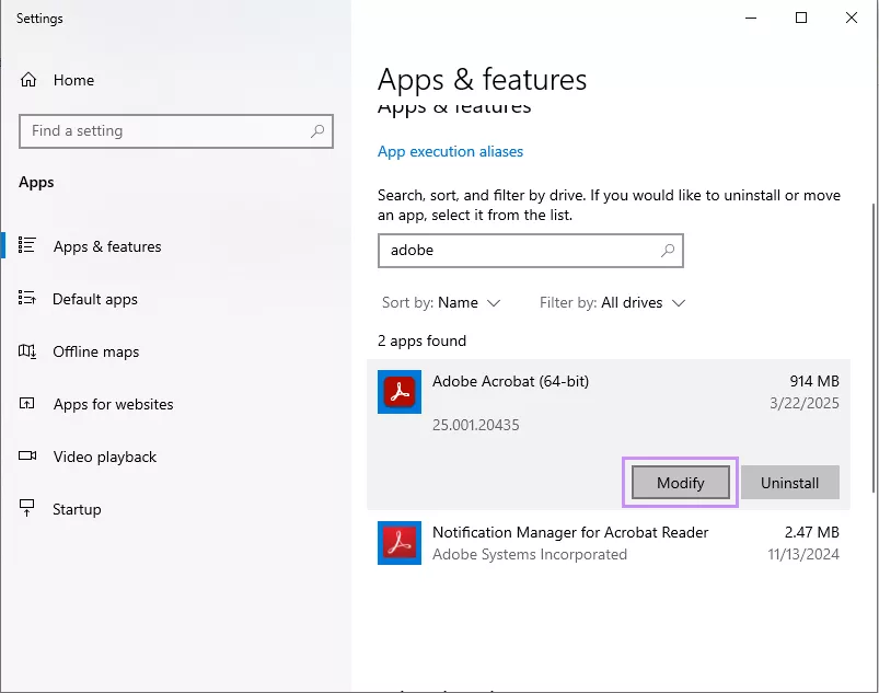click modify for acrobat
