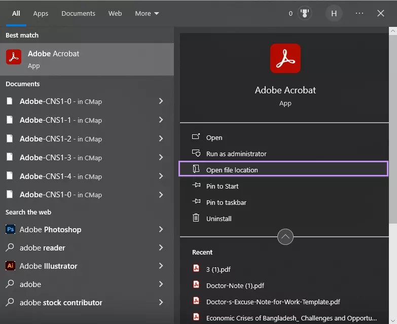 click open file location for acrobat