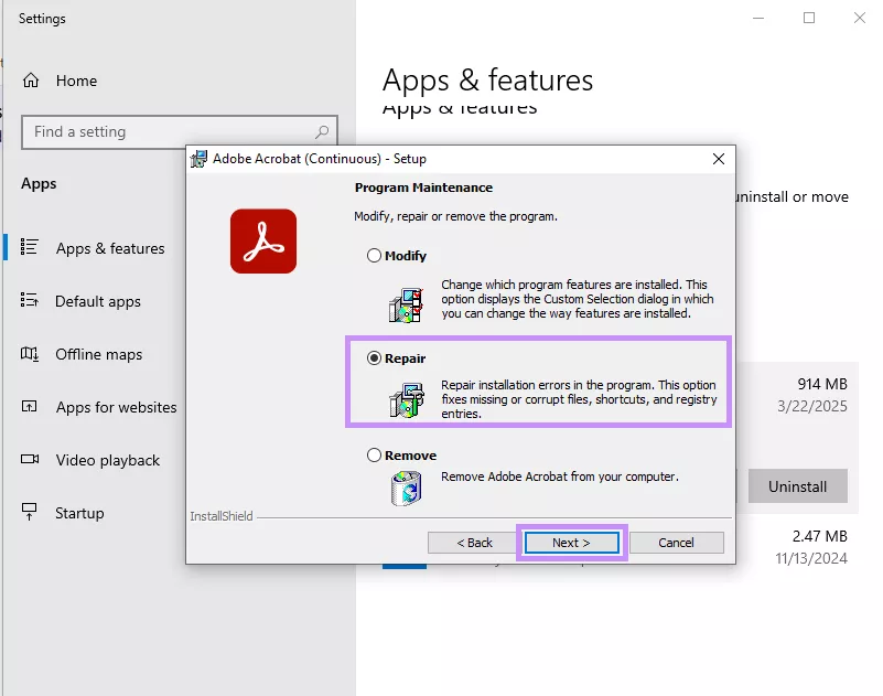 click repair and proceed windows for acrobat