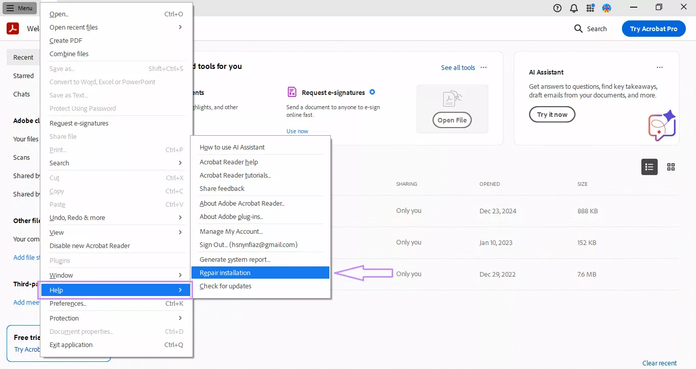Repair installation with Adobe Acrobat