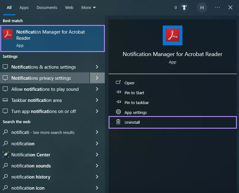 click uninstall notification manager for acrobat