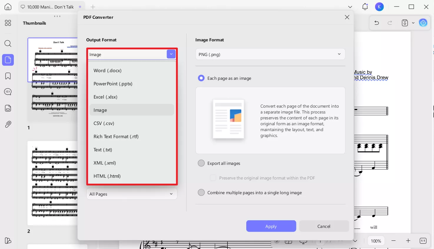 convert the pdf sheet music