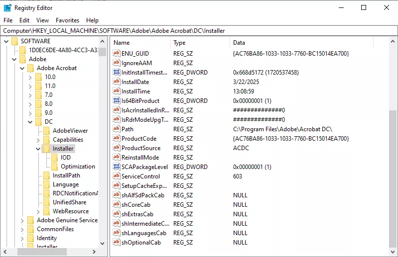 delete regedit for acrobat