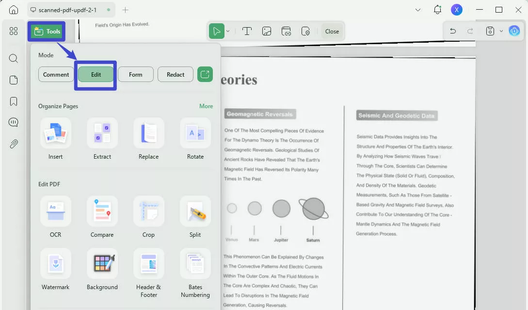switch to edit mode in tools