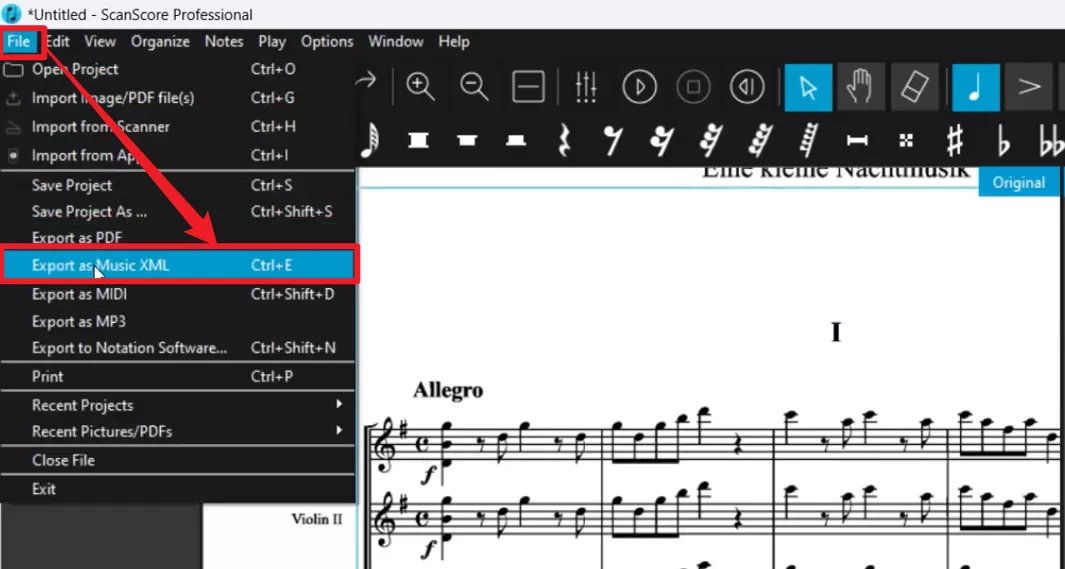 export as musicxml format on scanscore