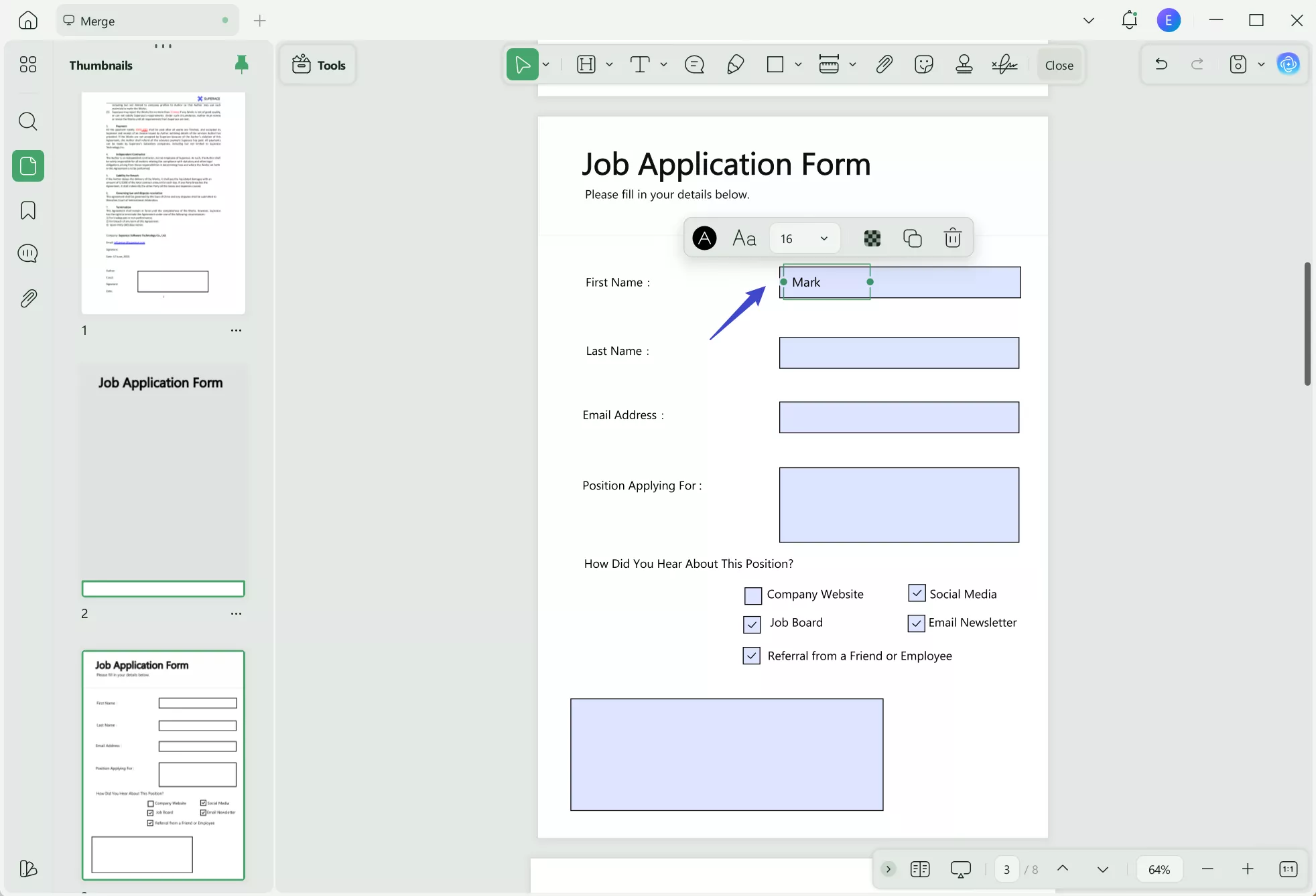 click on boxes to fill form