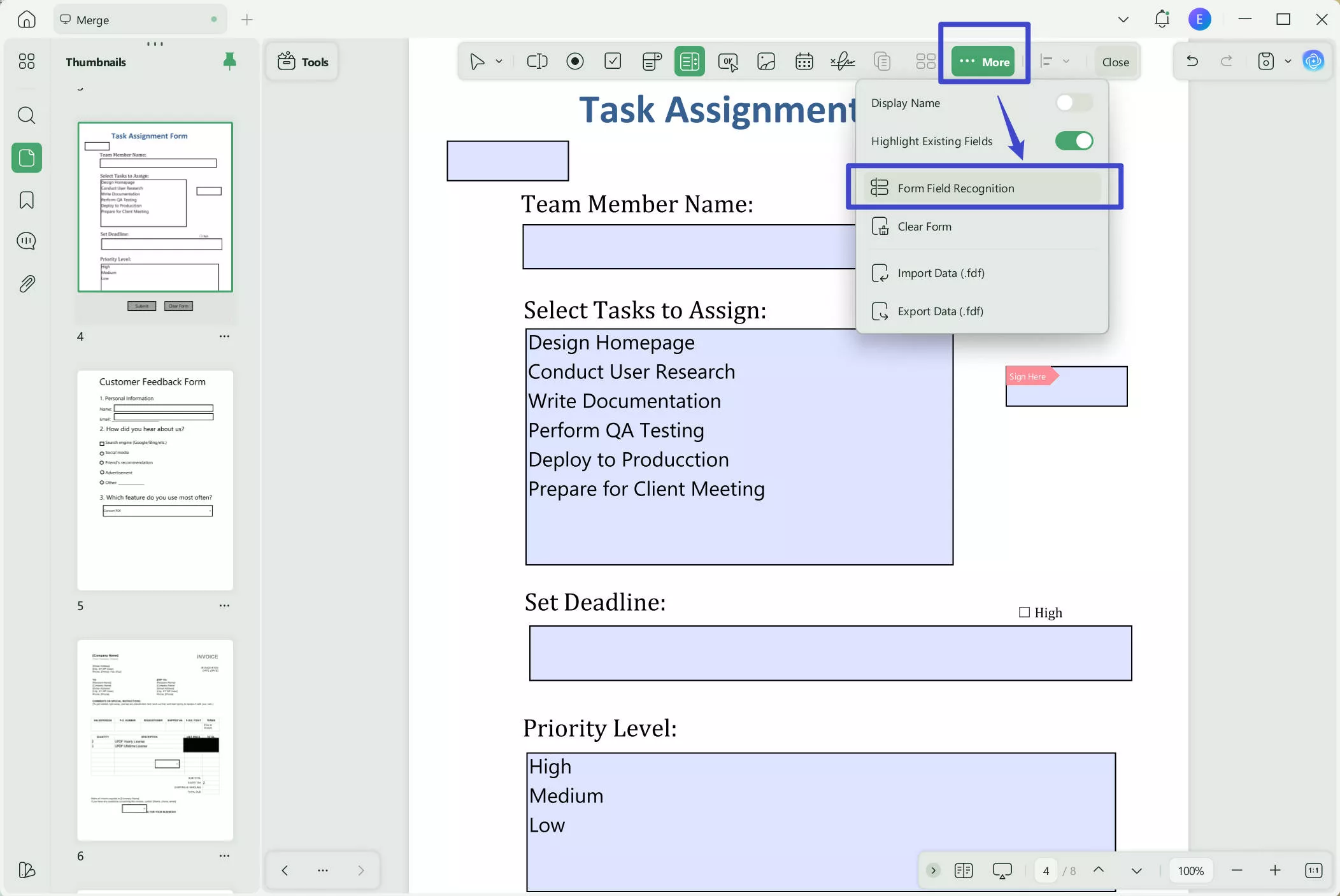 use form field recognition option