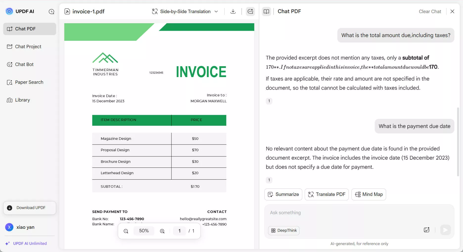 Ask various questions about the invoice