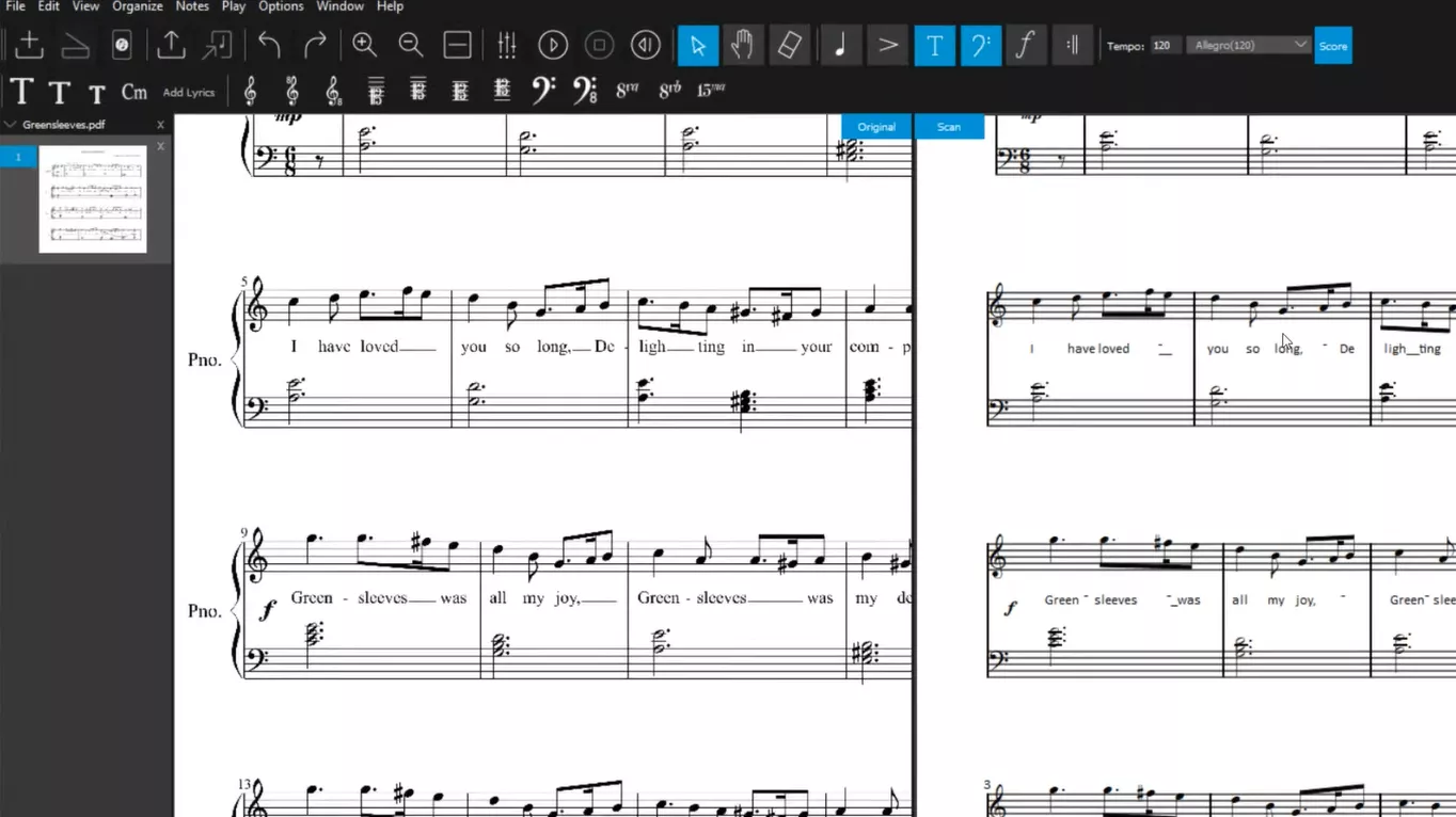 original and digital versions of the music sheet