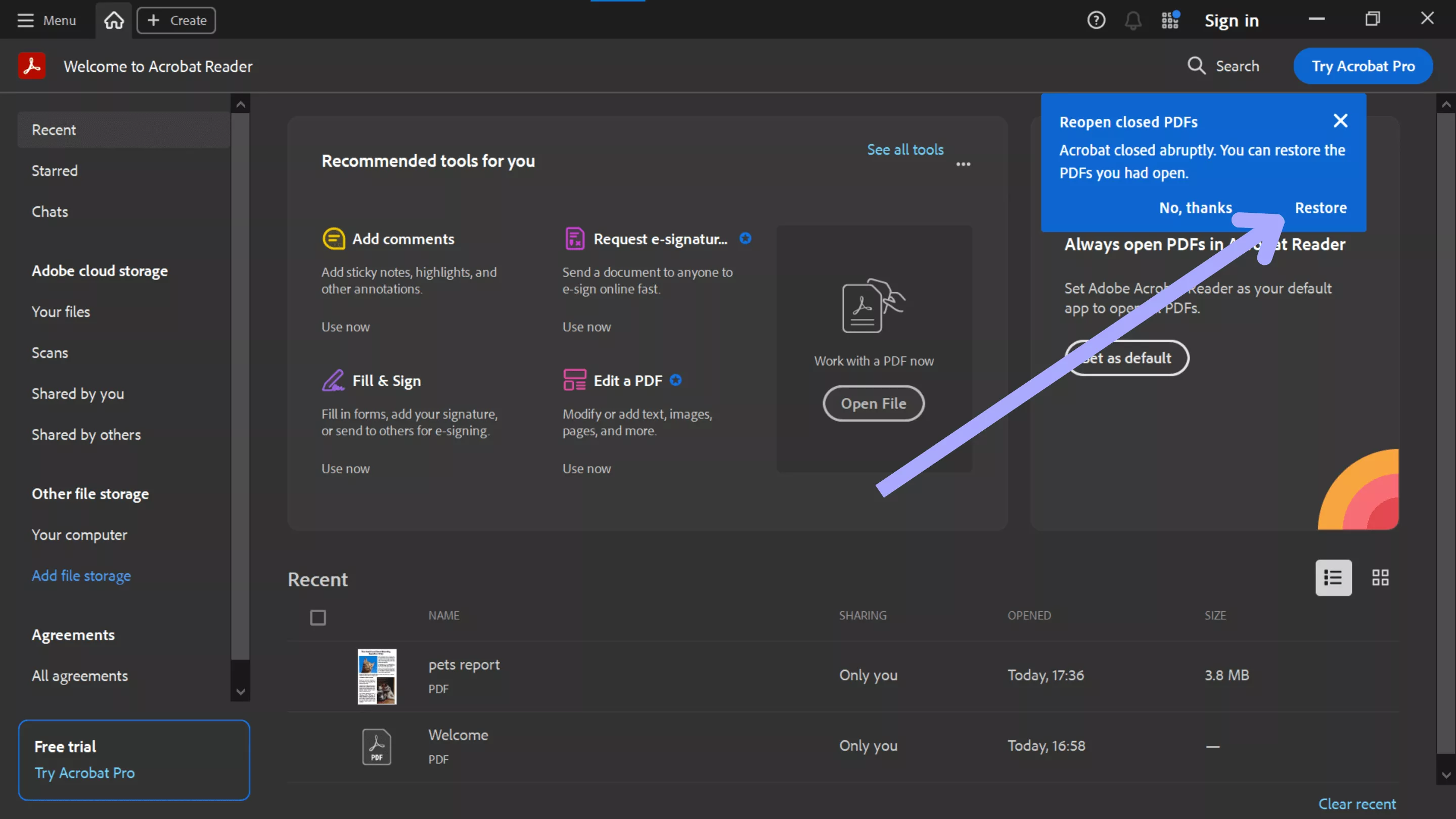 restore closed pdf acrobat