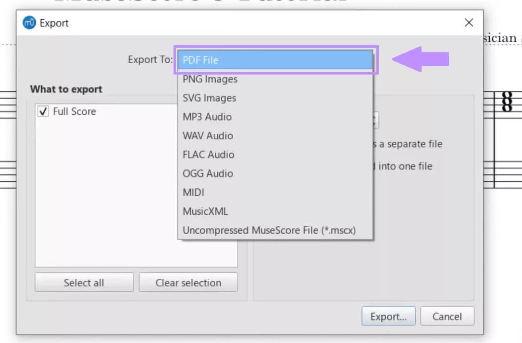 select pdf from the dropdown musescore