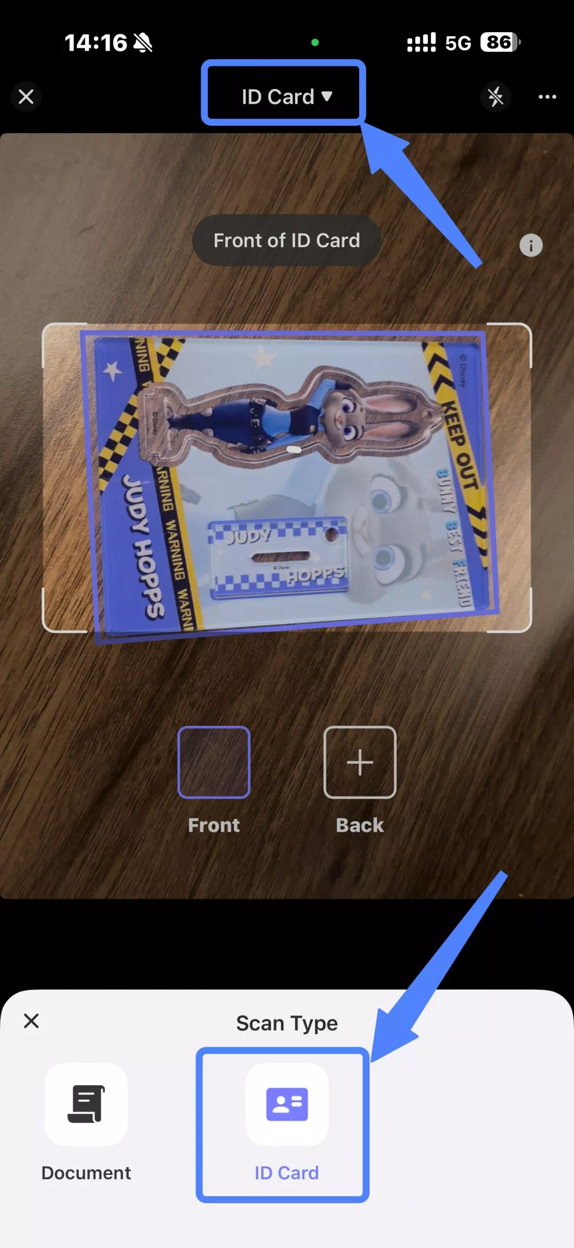 selecting id card as the scan type iphone and ipad