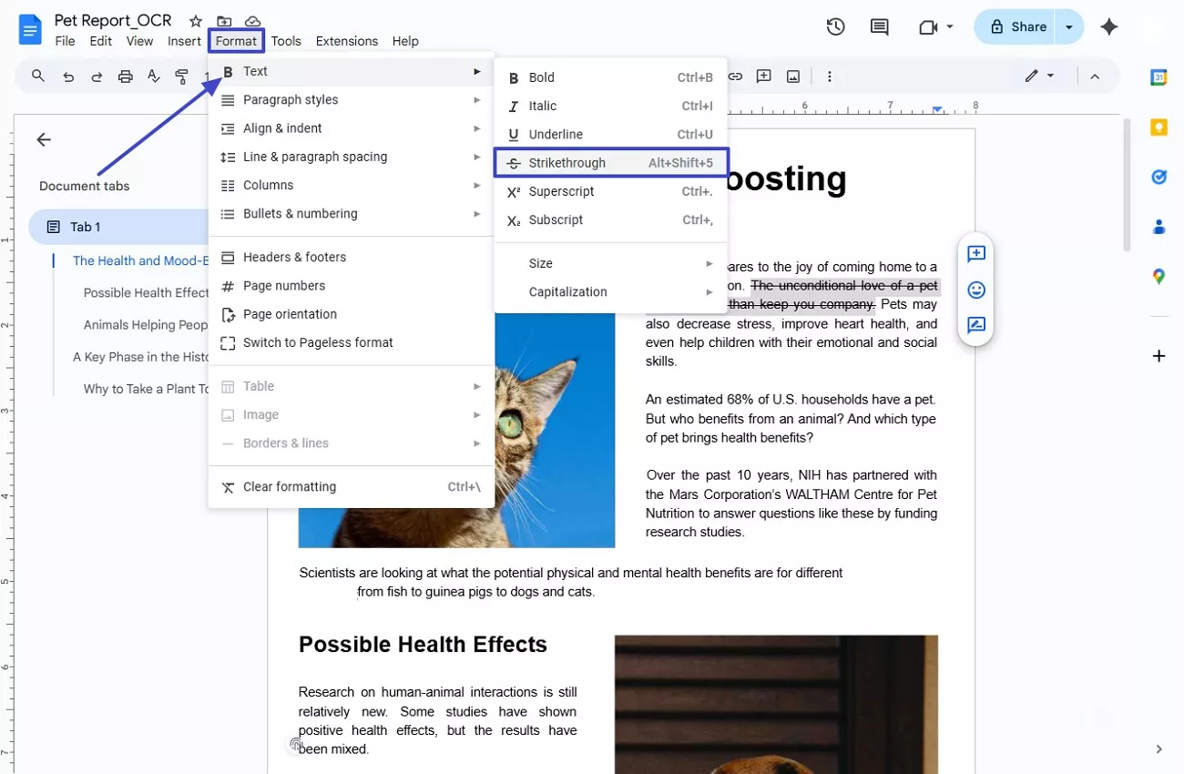 select strikethrough from format