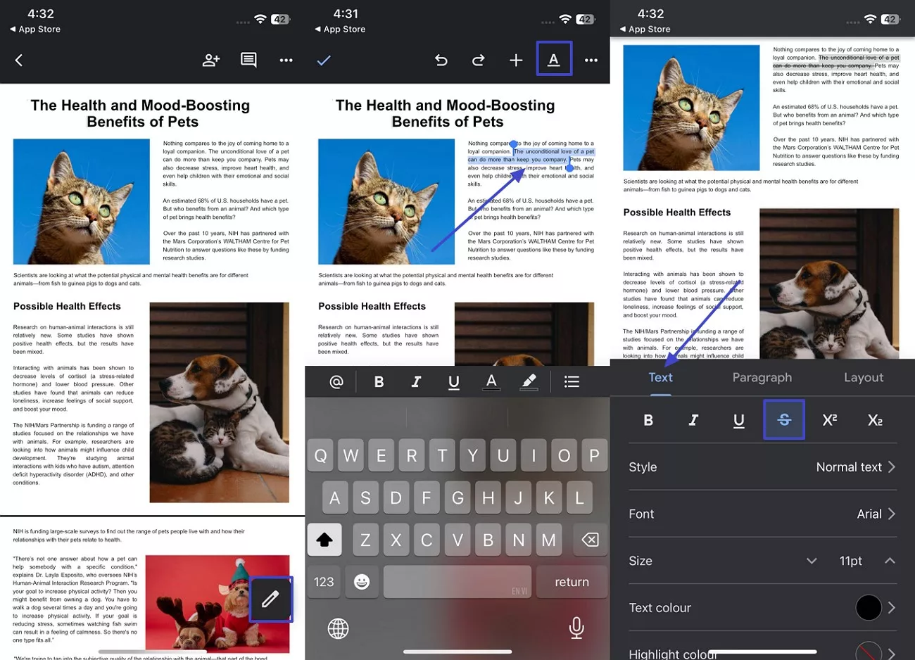 hold text to edit and strikethrough