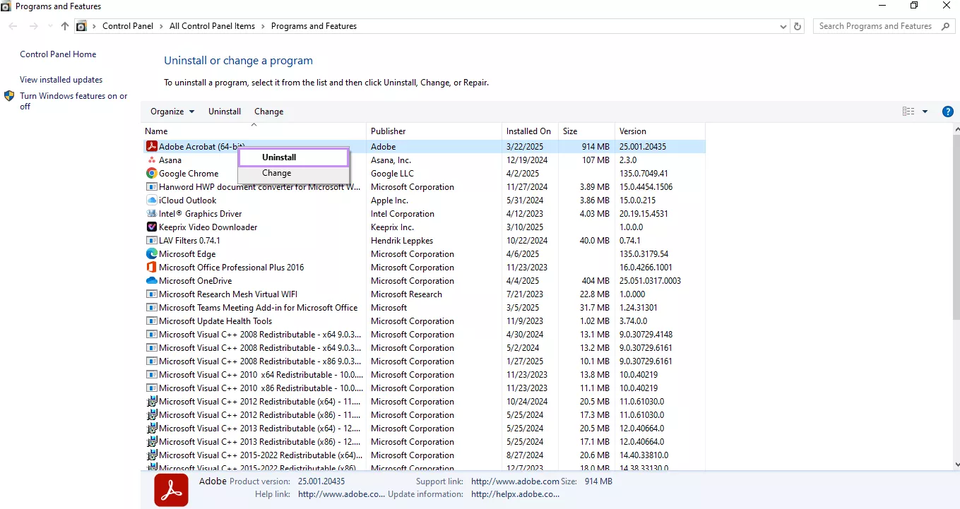 uninstall adobe acrobat