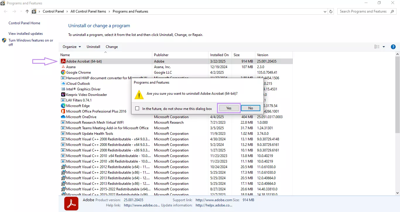 uninstall the adobe acrobat app windows
