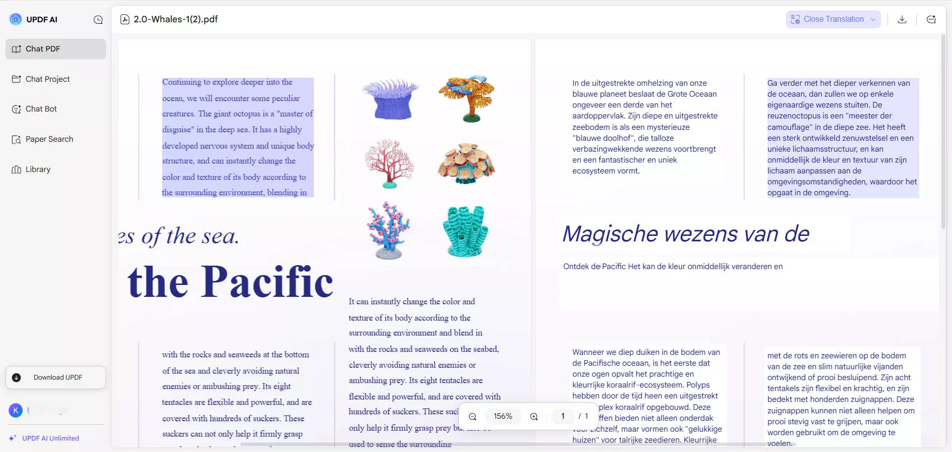 updf ai side by side translation