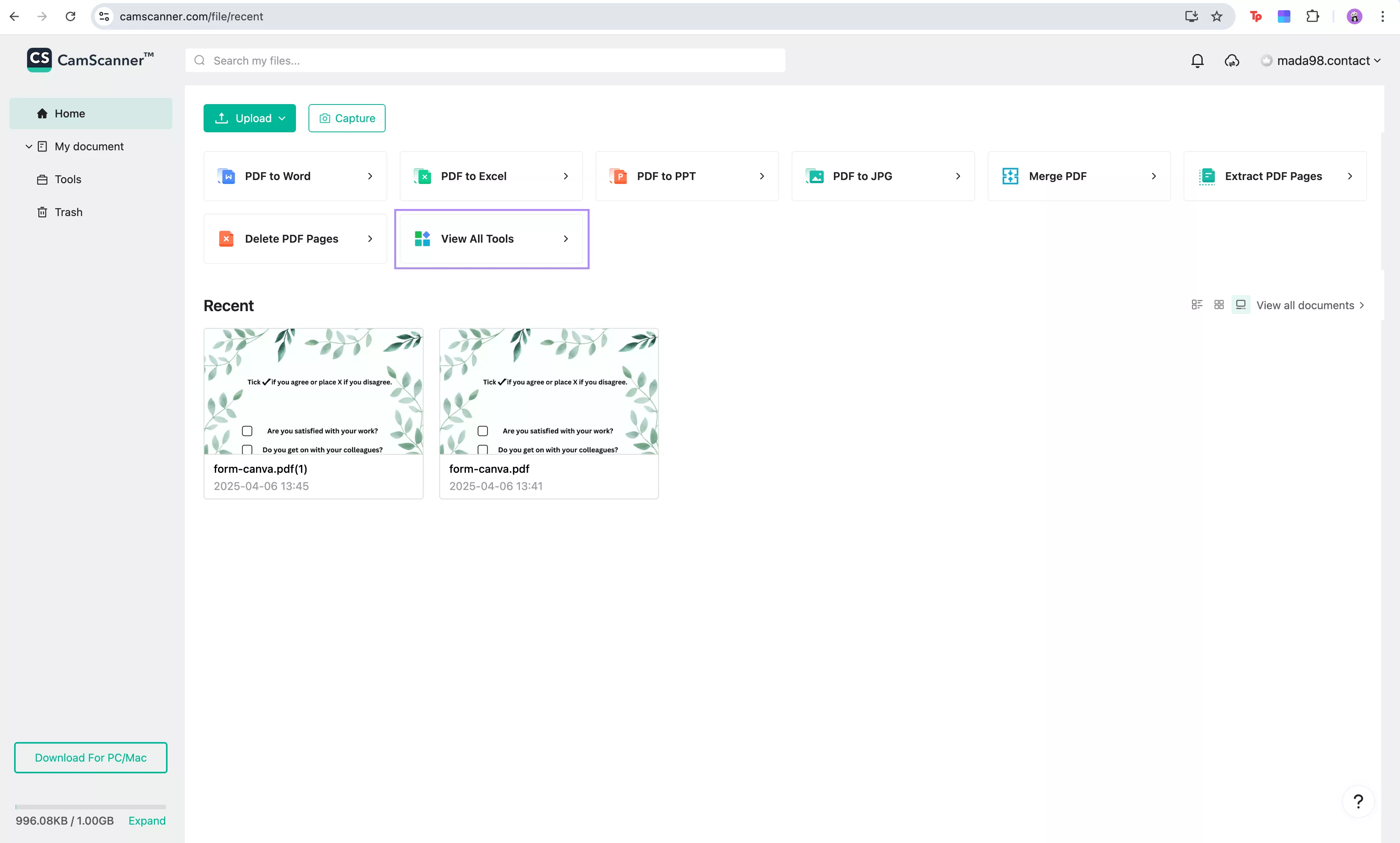 view all tools camscanner website