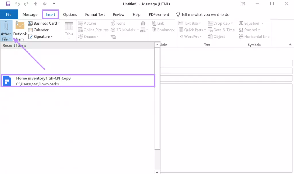 attach file through insert tab 
