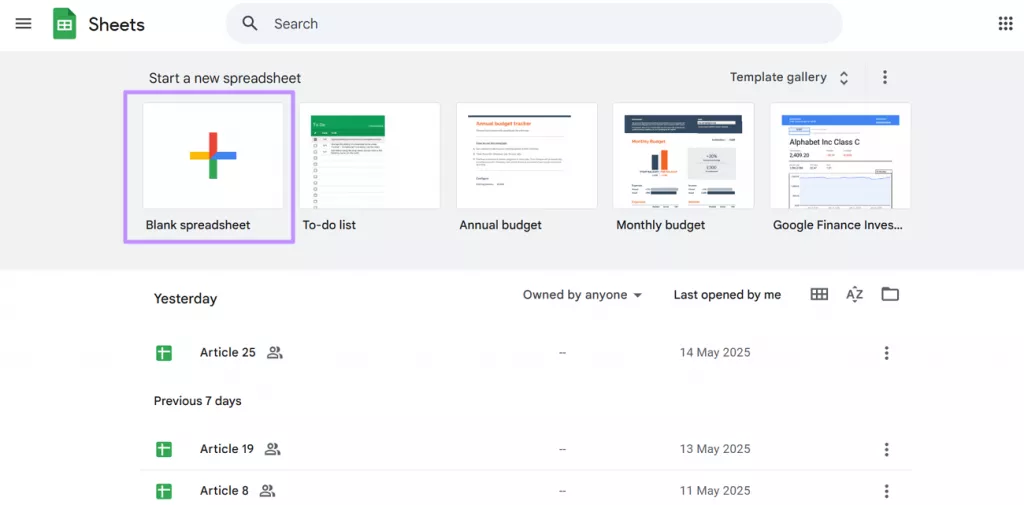 create a new blank spreadsheet 