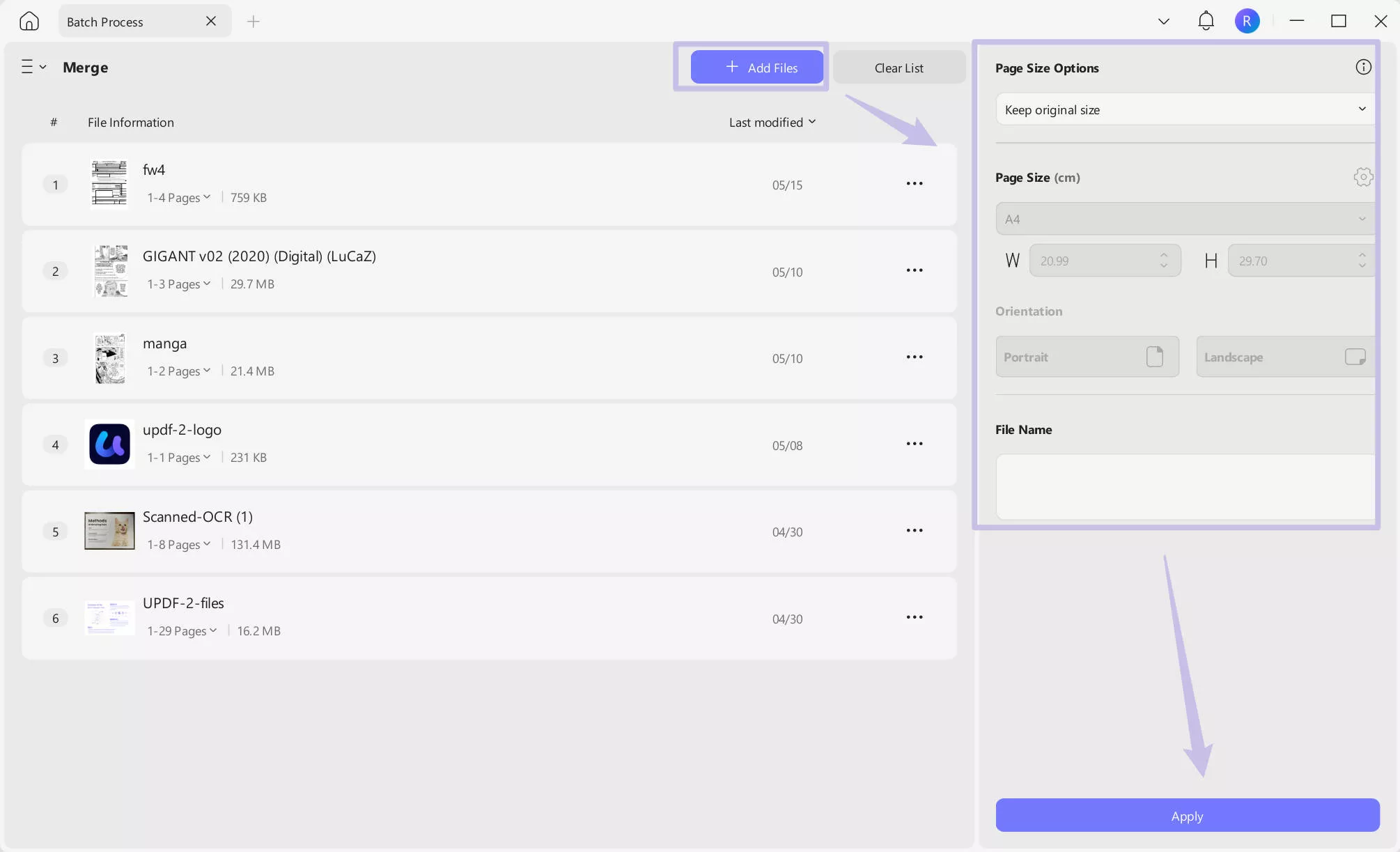 add files to batch combine updf windows