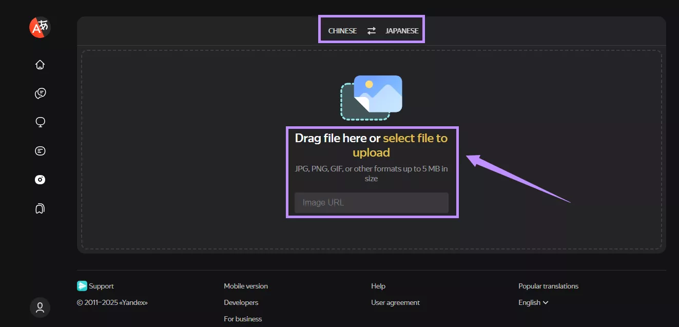 choose languages and upload files yandex translate