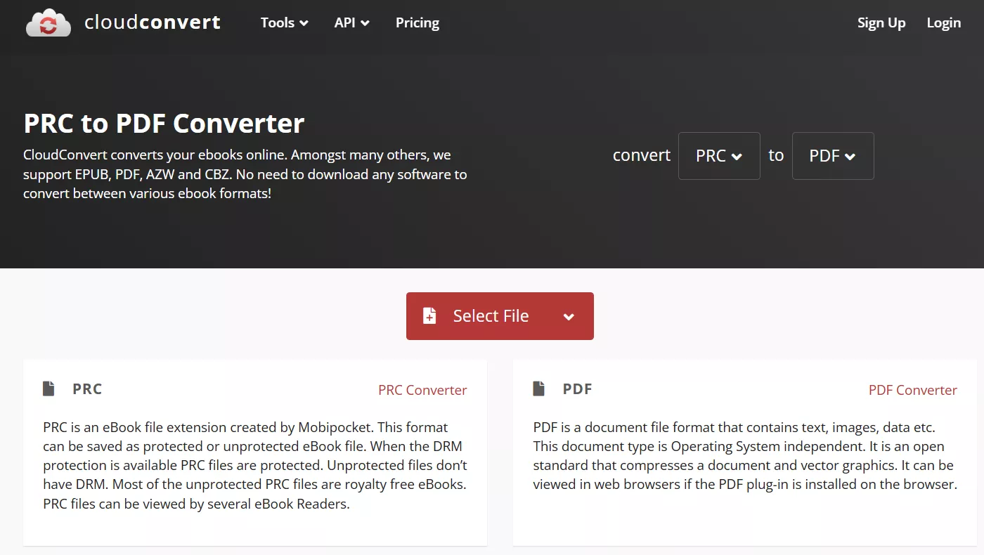 convert prc to pdf using cloudconvert