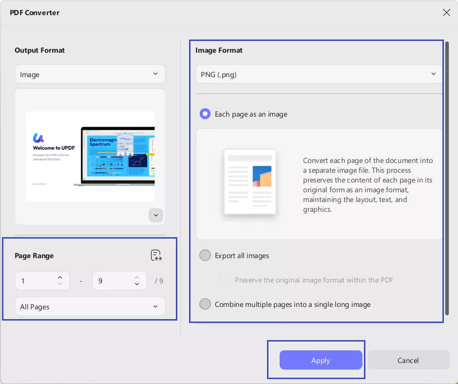 choose image format and page range