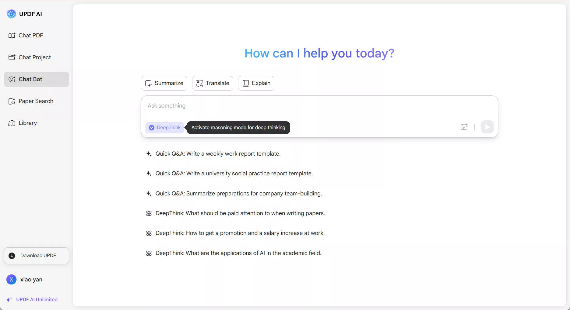 deepthink updf ai online