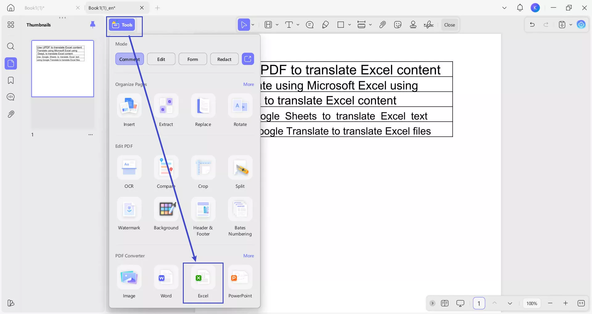 export translated pdf as the excel file