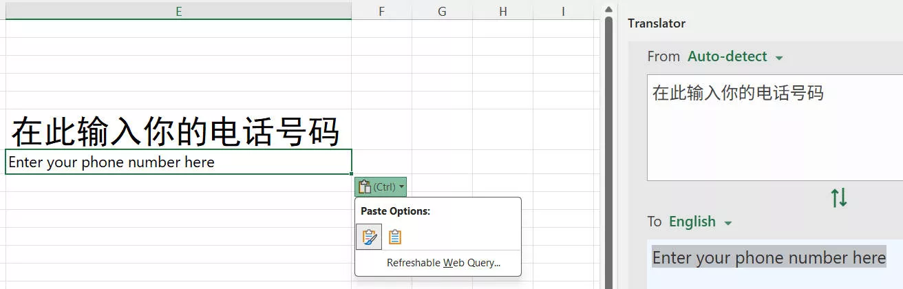 paste translated text into the cell