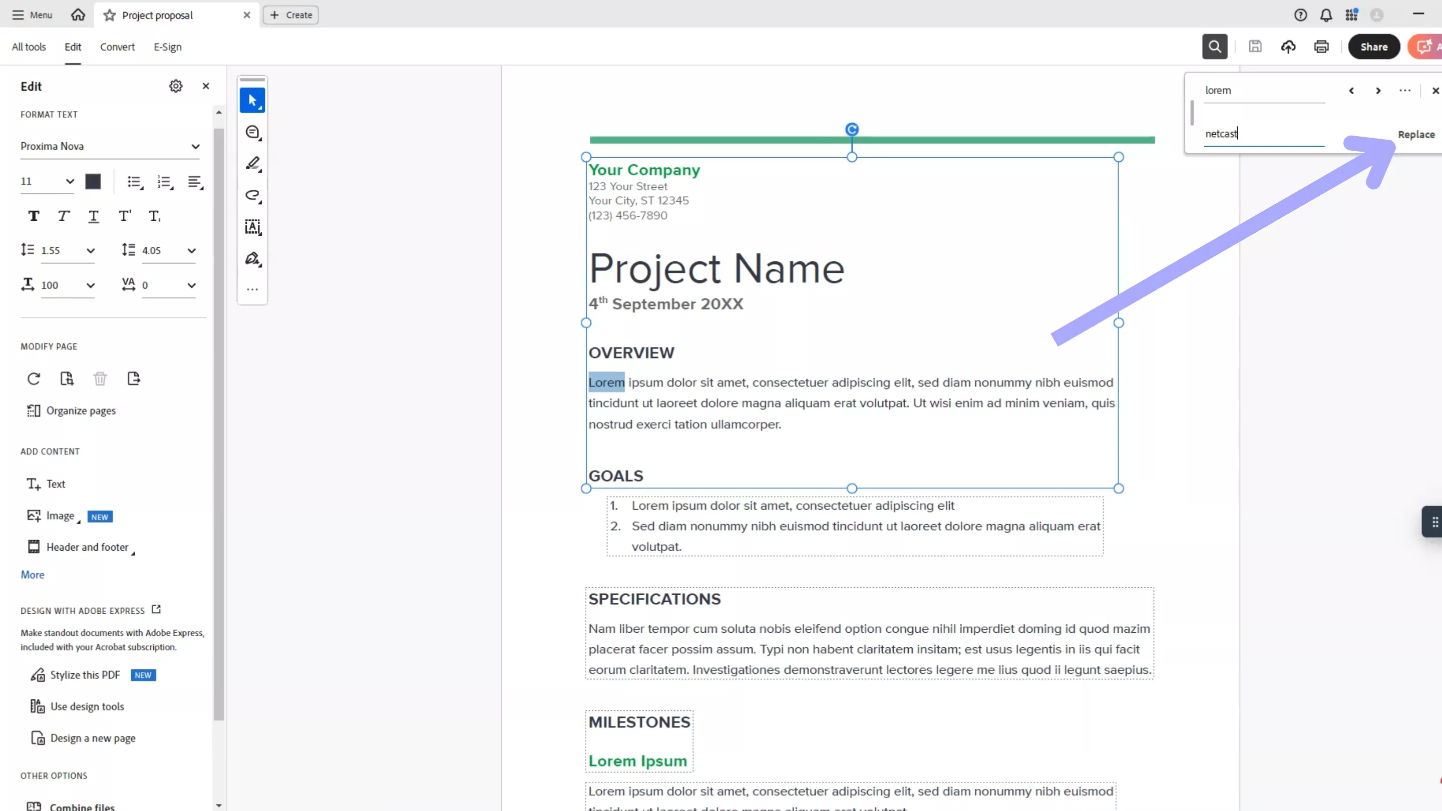 replace the text adobe acrobat