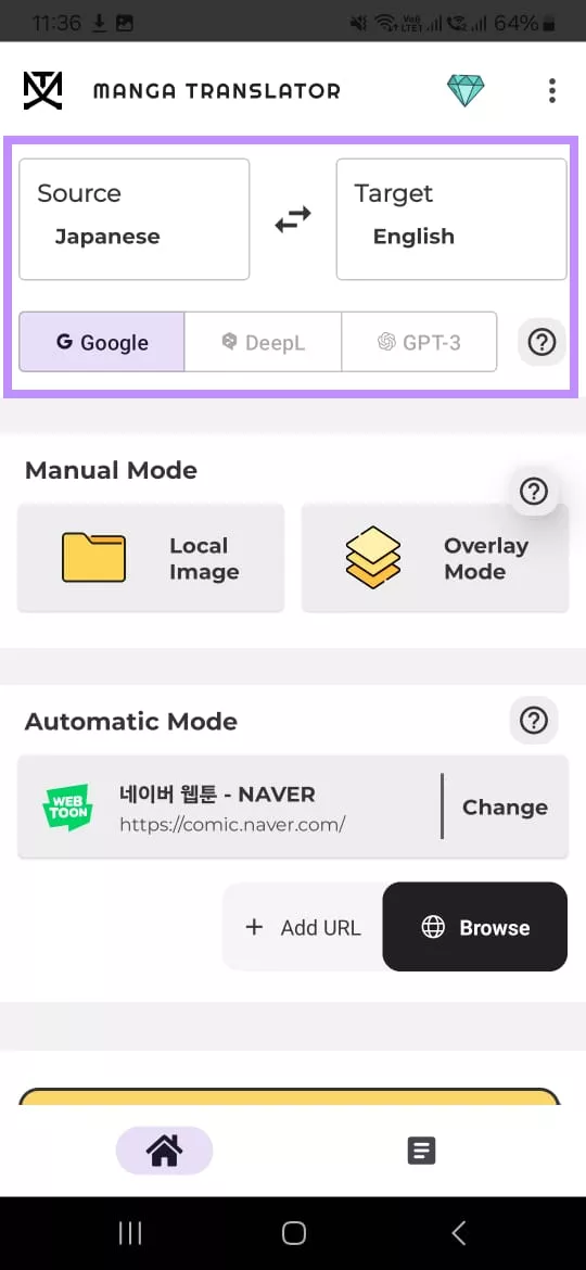 select translation languages and method with manga translator