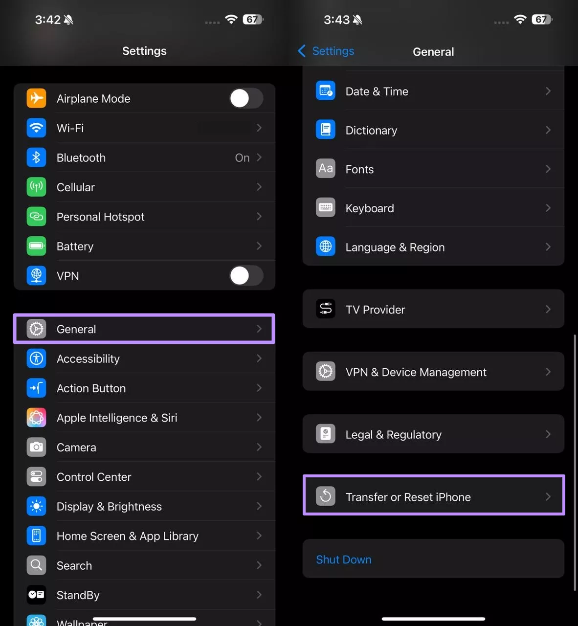 tap on transfer or reset iphone 
