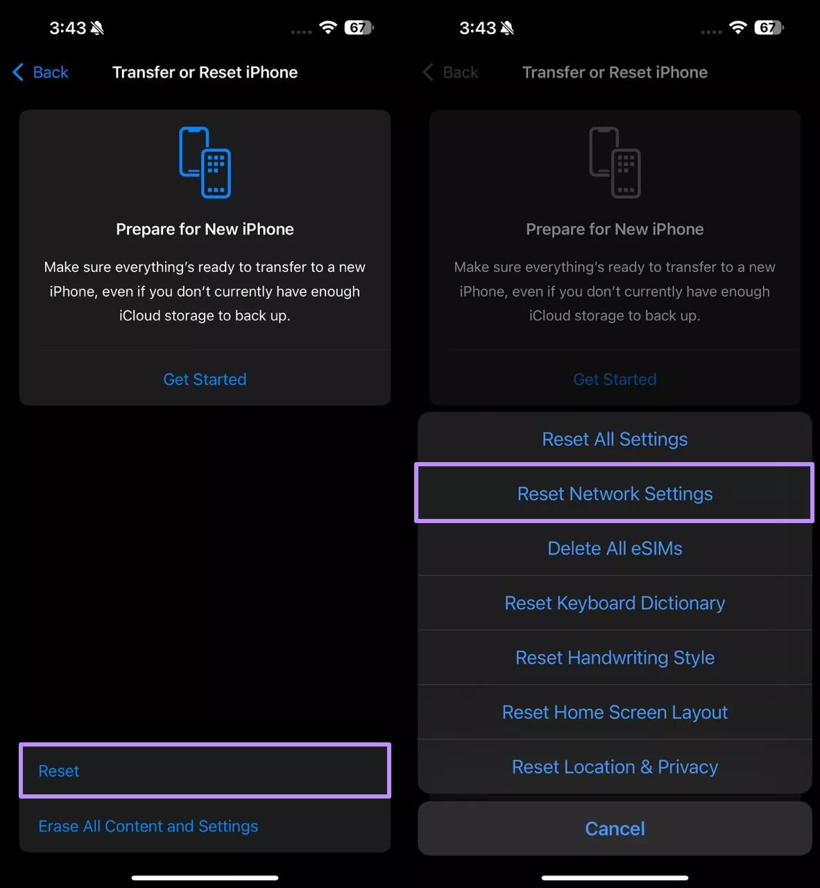 reset network settings on iphone