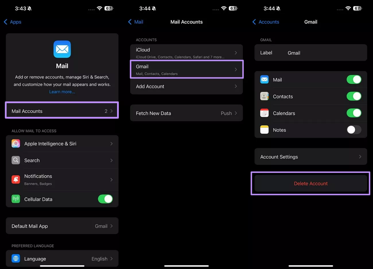delete the mail account 