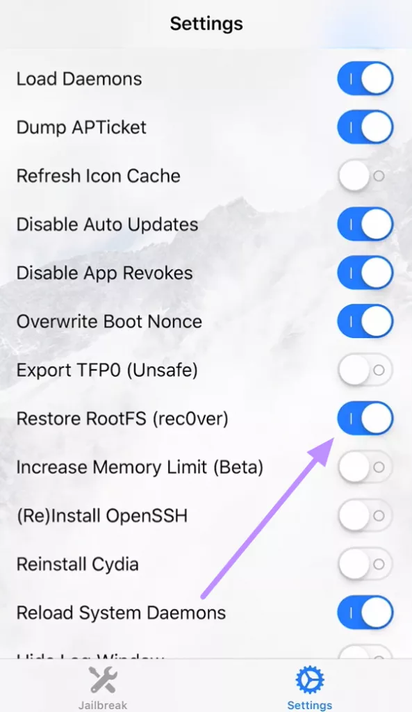 turn on restore rootfs toggle 