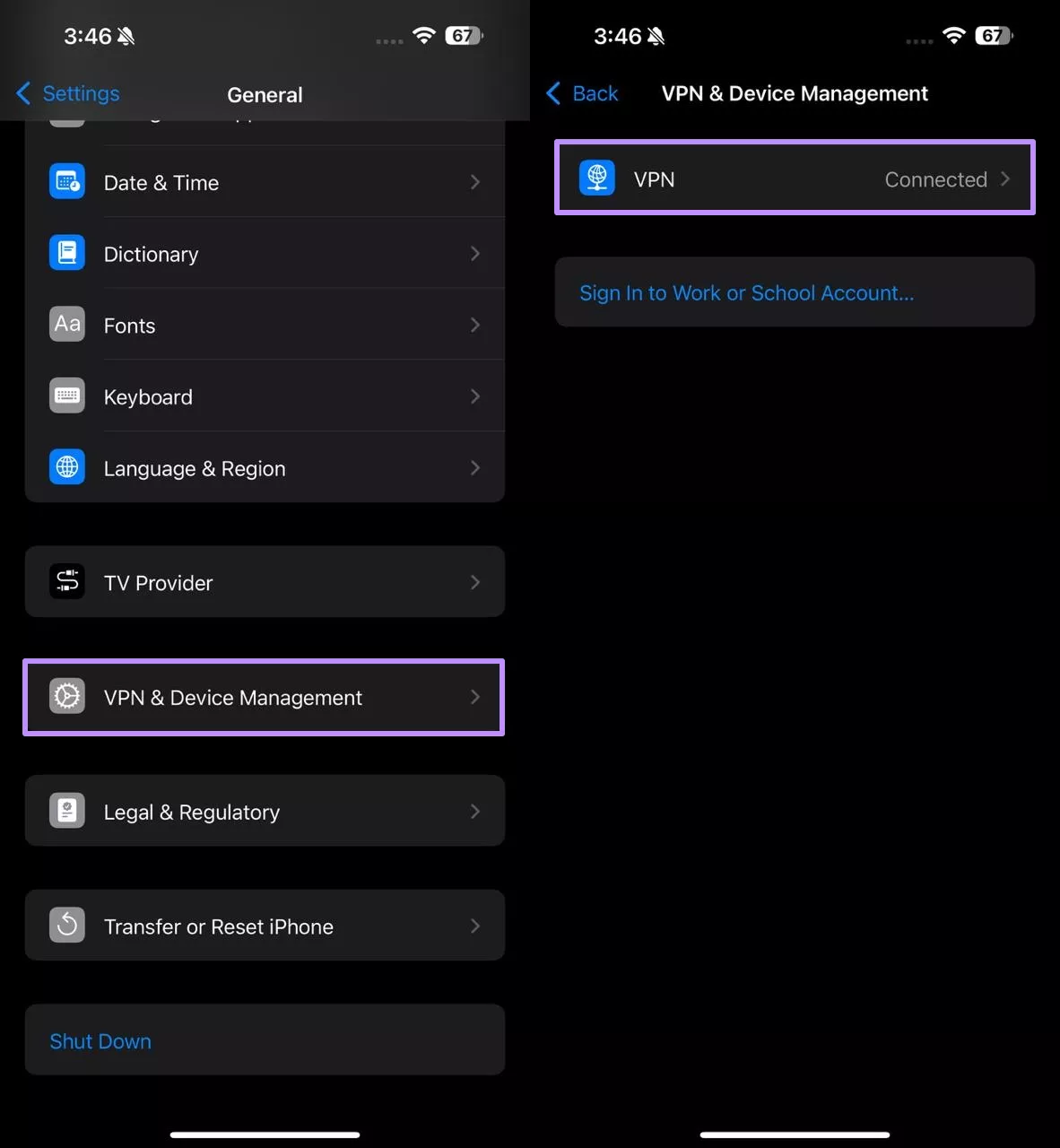 access vpn and device management settings 