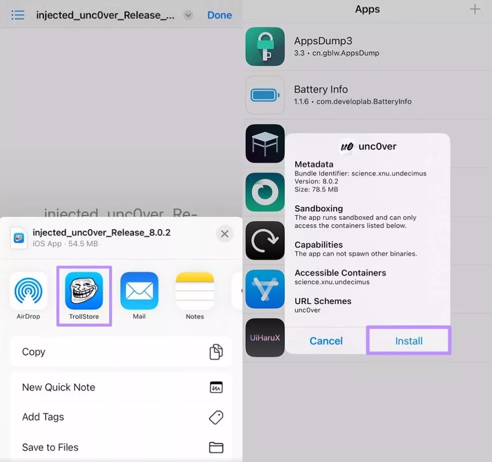 install unc0ver through trollstore