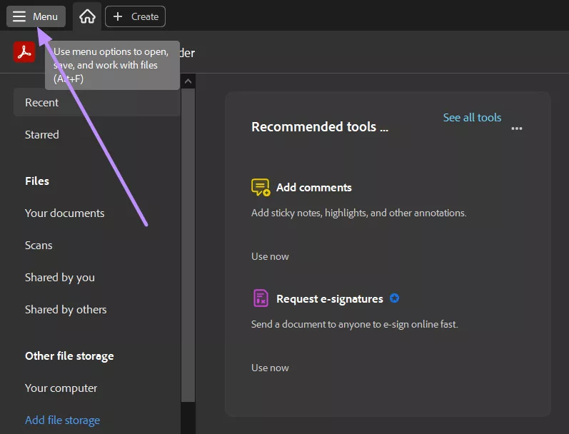 access menu tab in adobe acrobat