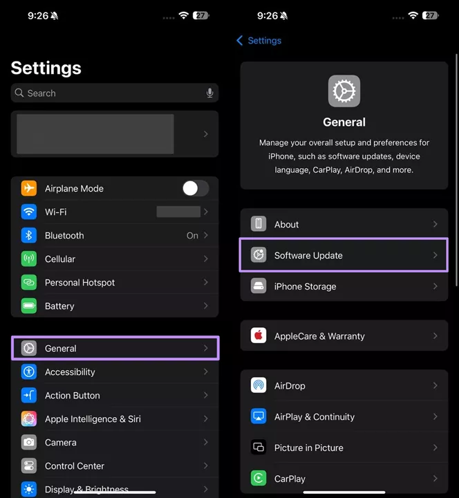 access software update screen