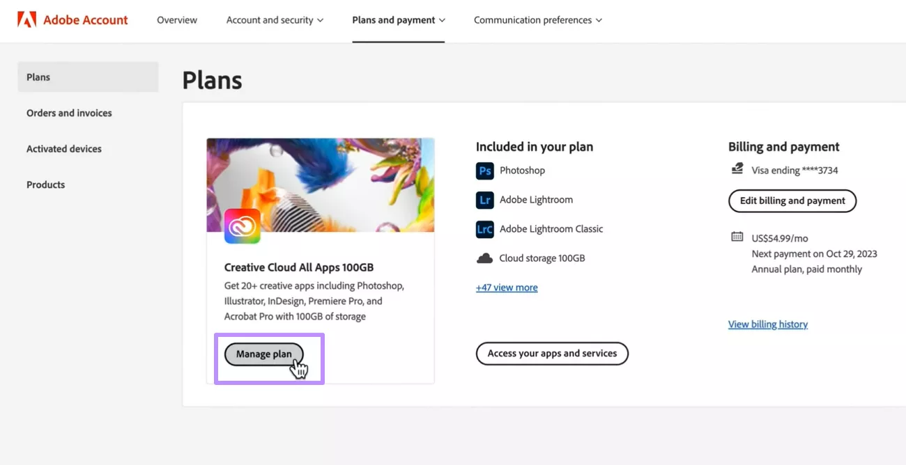 access the manage plan screen acrobat