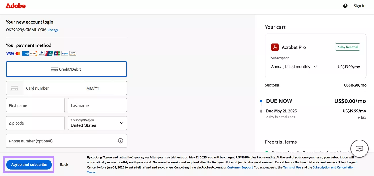 add card and tap subscribe acrobat