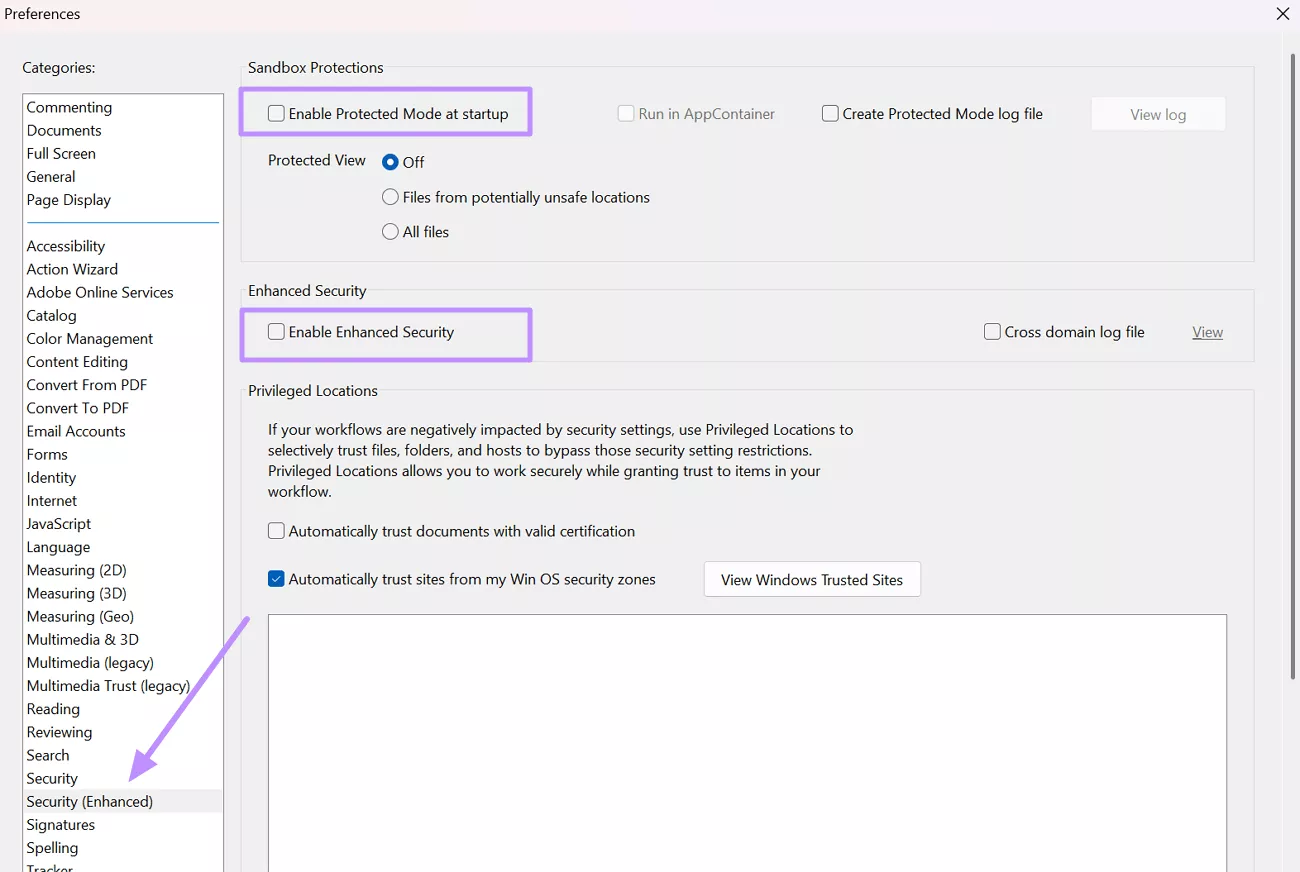 adjust enhanced security settings acrobat