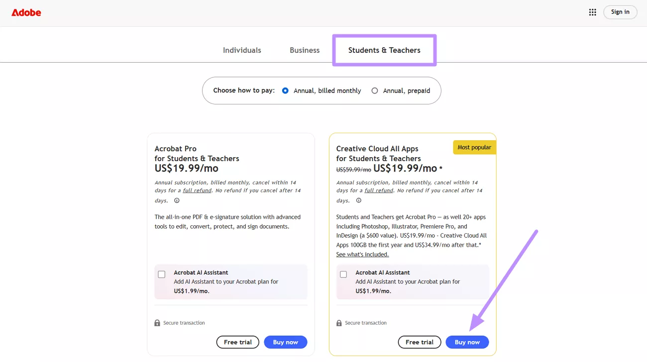 buy the students and teachers plan acrobat