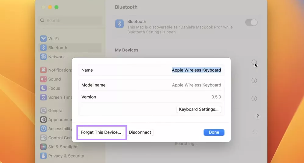 click forget this device mac