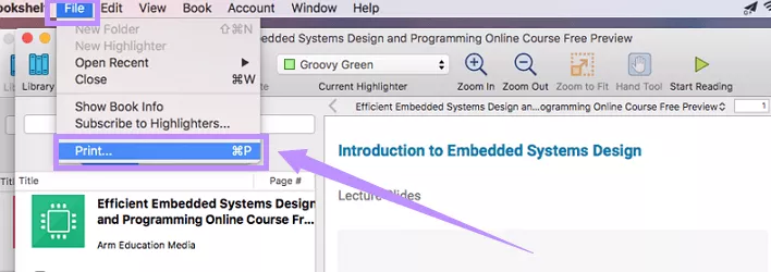 click print under file in bookshelf on mac