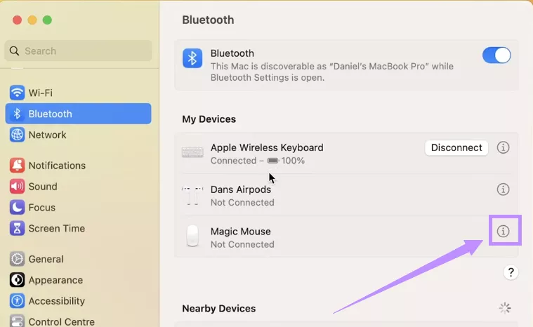 click the (i) icon for the mouse mac
