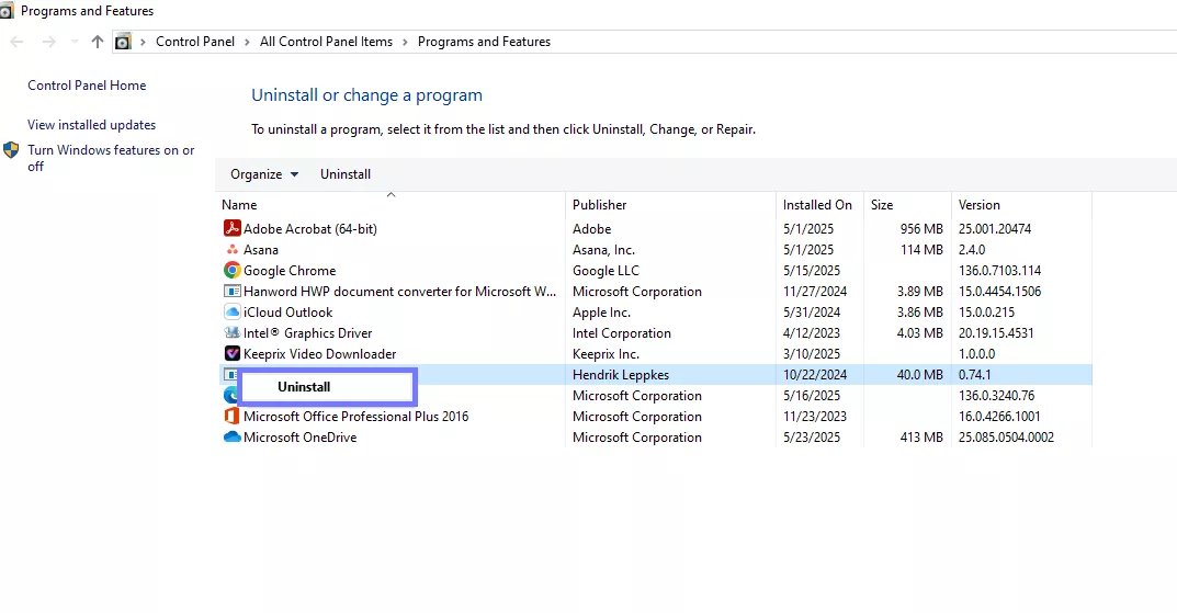 click uninstall acrobat windows