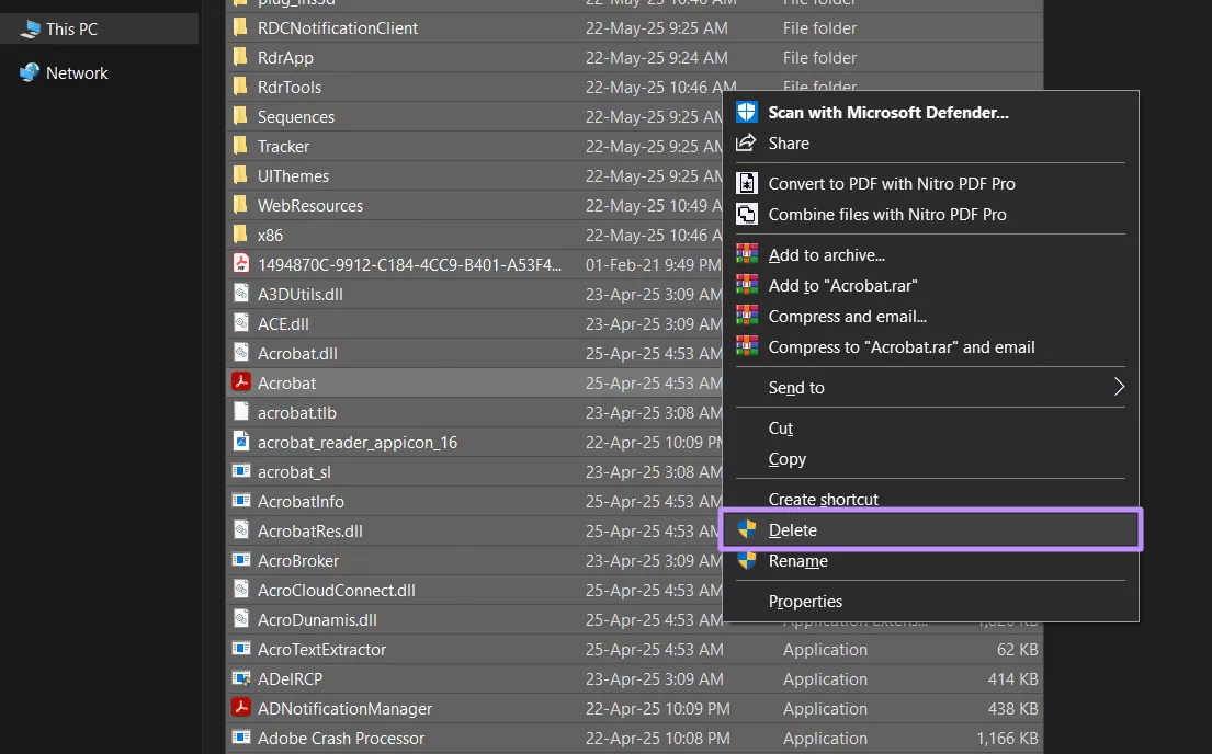 delete adobe acrobat from file location